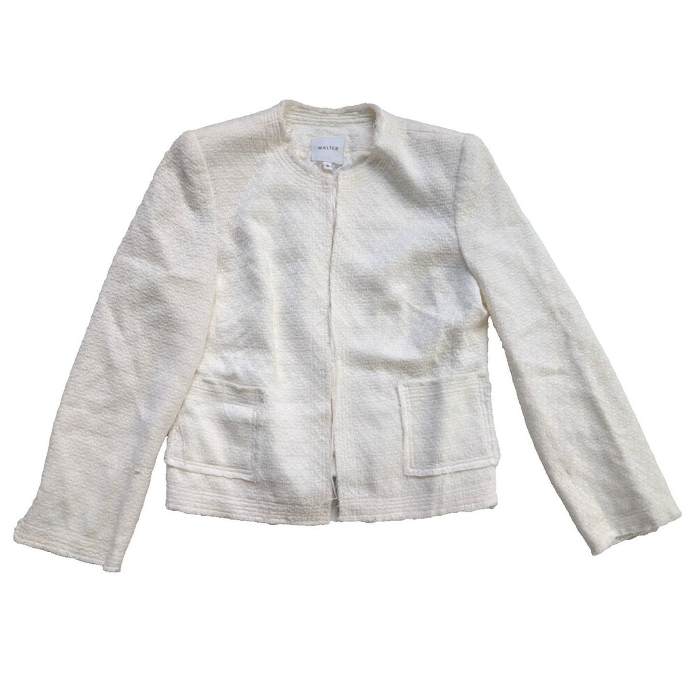Walter Ivory Boucle Fringe Cropped Jacket Collarless Size 8 Tweed Frayed Preppy